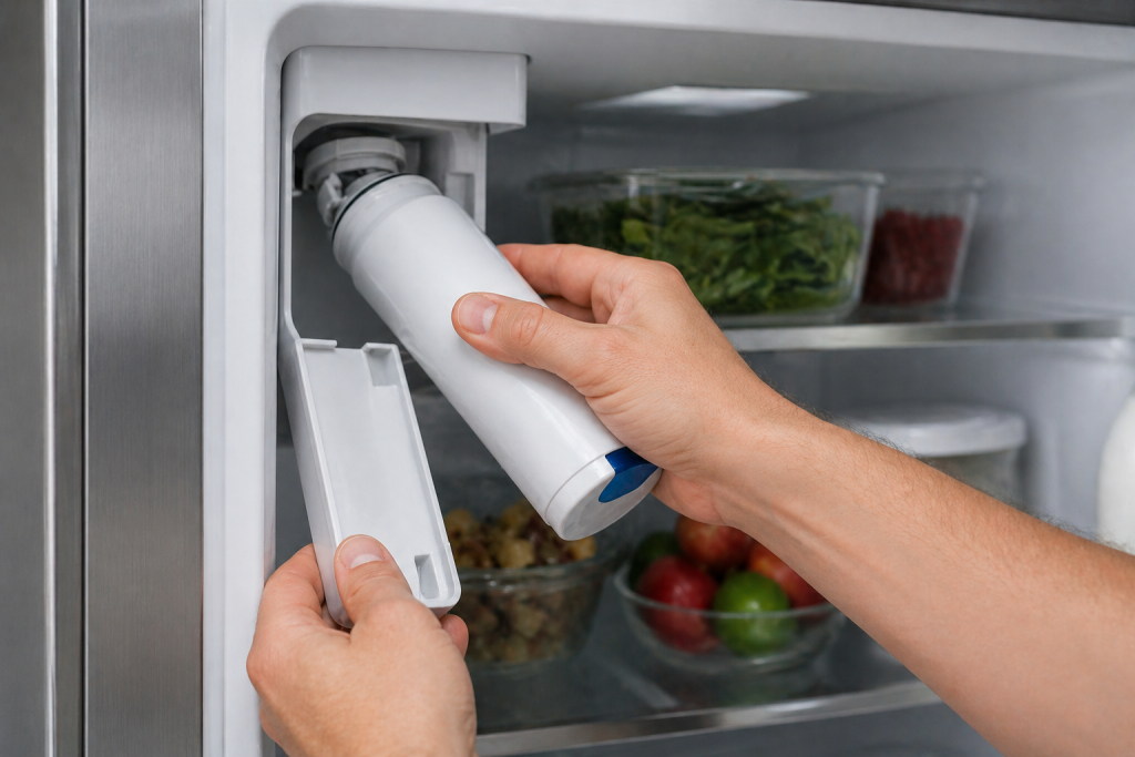 Homeowner replacing refrigerator water filter inside refrigerator compartment to restore water flow to ice maker and dispenser
