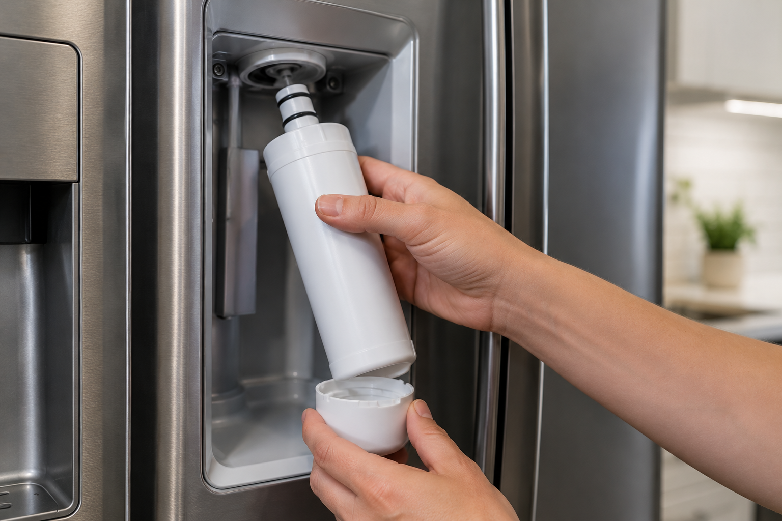 Hands replacing a water filter inside a modern refrigerator in a kitchen for refrigerator water dispenser not working