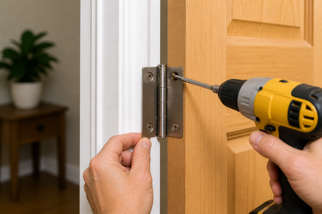 Installing long screws in door hinge to fix a sagging door and improve alignment