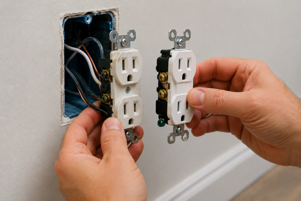 person replacing a residential electrical outlet with a new outlet during a home electrical repair project