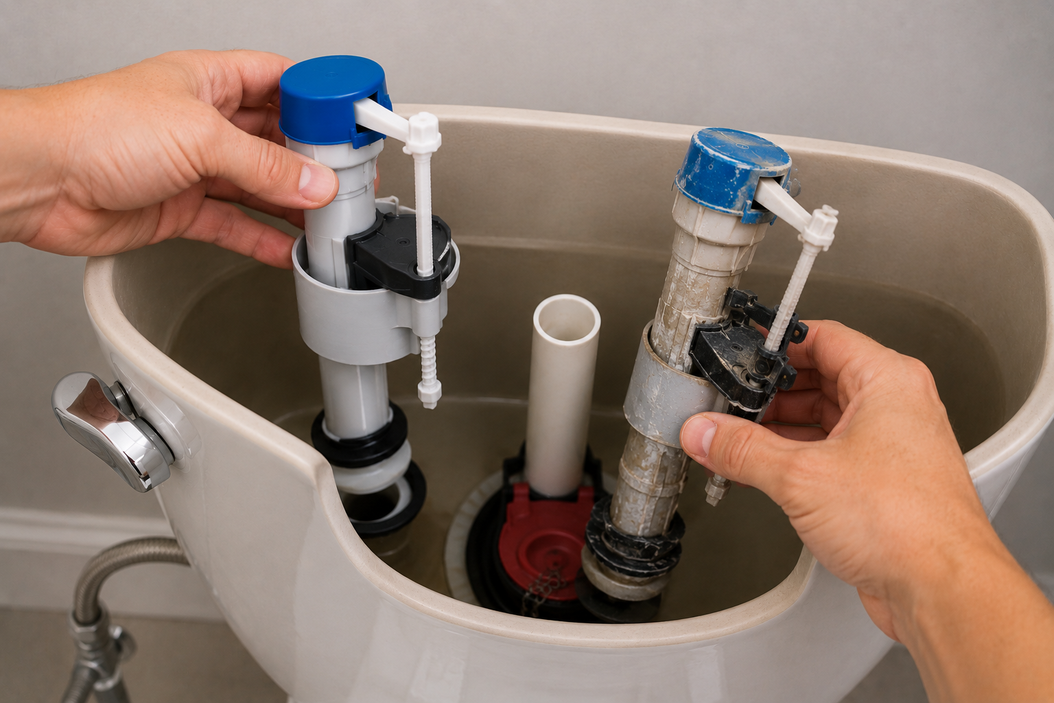 Hands replacing an old toilet fill valve with a new fill valve inside an open residential toilet tank during plumbing repair