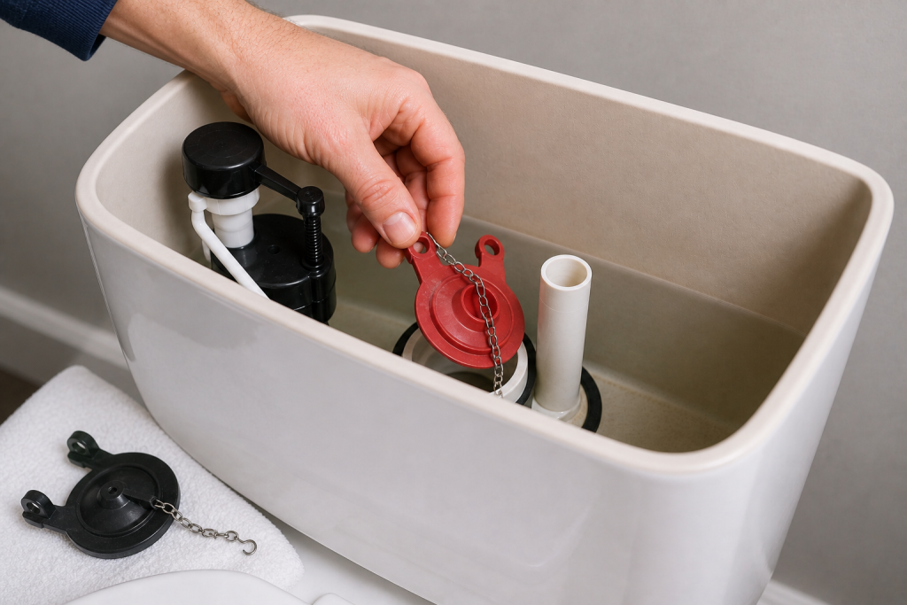 Replacing toilet flapper inside tank to fix a toilet that won’t flush properly