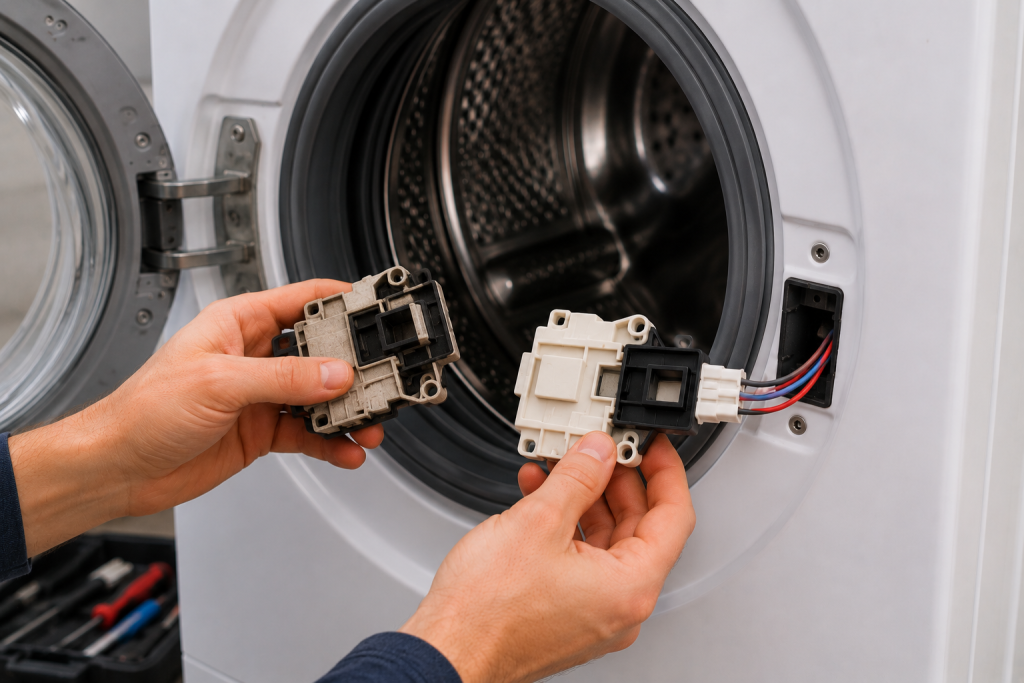 Replacing a Whirlpool washer door lock assembly with a new component during F5E2 error repair troubleshooting