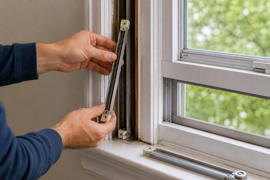Replacing a residential window balance mechanism inside a double-hung window frame during window repair maintenance