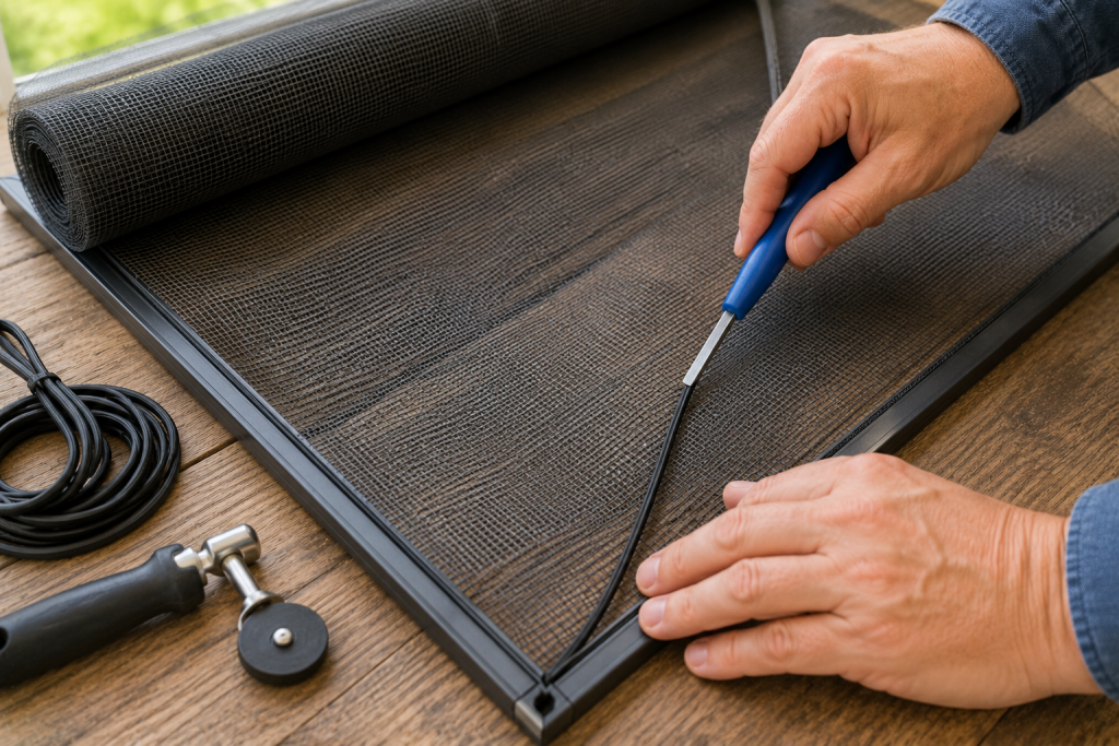 Homeowner installing replacement screen mesh into a window screen frame using a spline roller tool during a DIY repair project