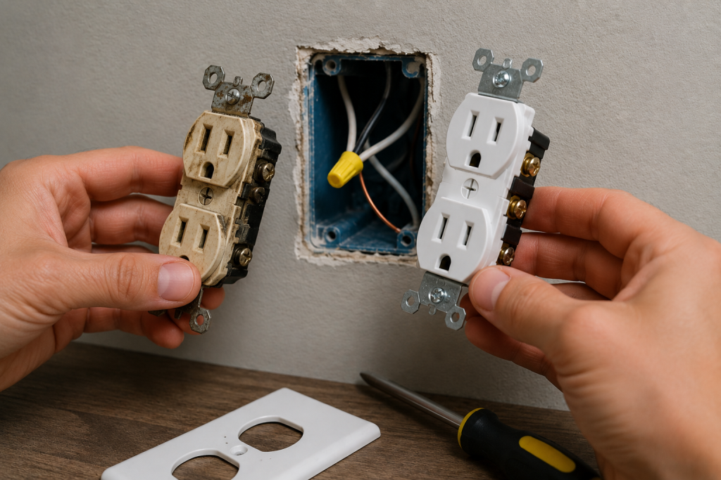 replacing old worn electrical outlet with new wall receptacle for improved electrical safety