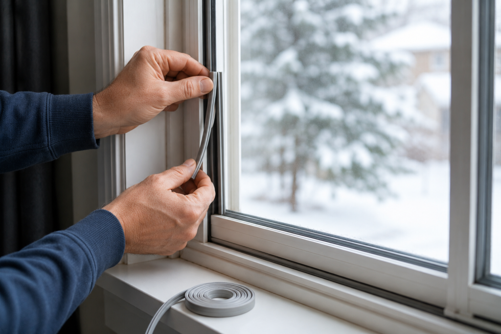 Installing new weatherstripping around a residential window frame to stop cold winter air drafts and improve insulation
