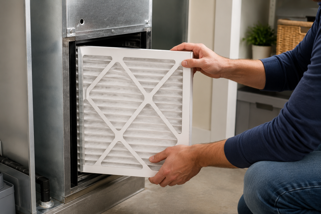 Homeowner replacing an HVAC air filter during summer air conditioning maintenance summer HVAC maintenance checklist