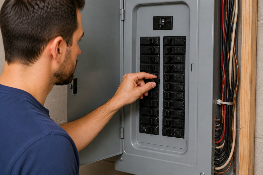 Resetting tripped circuit breaker by flipping switch fully off then back on