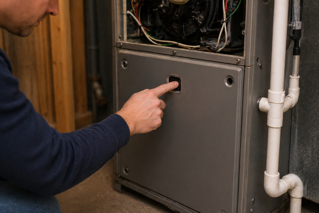 Pressing the reset button on a residential furnace during HVAC heating system troubleshooting