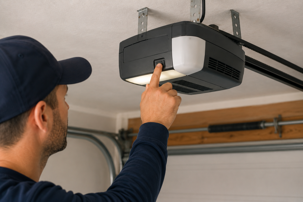Unplugging and resetting a residential garage door opener during troubleshooting for a garage door that opens partially then stops