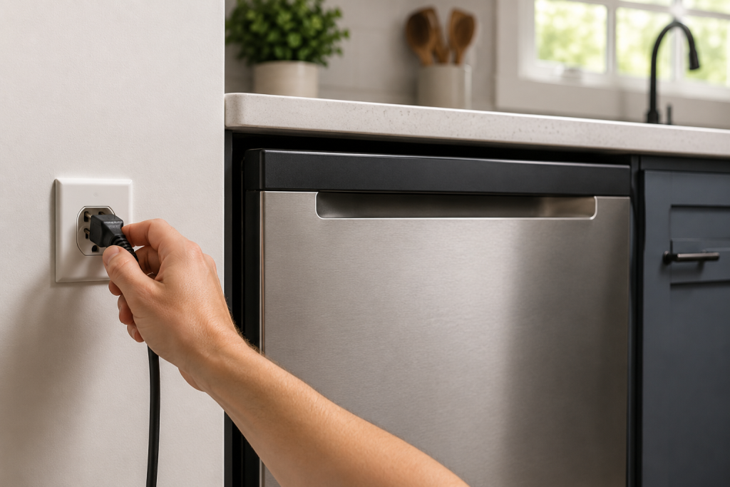 Hand unplugging a stainless steel dishwasher in a modern kitchen to reset a GE dishwasher showing the H2O error code