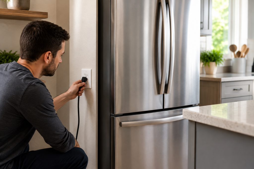 Homeowner unplugging a stainless steel GE-style refrigerator in a bright modern kitchen while resetting the appliance after a PF power failure error code appears on the display for GE Refrigerator PF Error