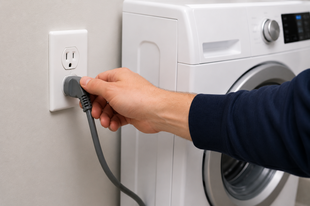 Person pressing buttons on a front-loading washing machine control panel while resetting the washer during a drainage troubleshooting repair.