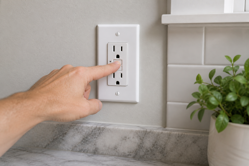 hand pressing reset button on GFCI outlet in kitchen or bathroom to restore power
