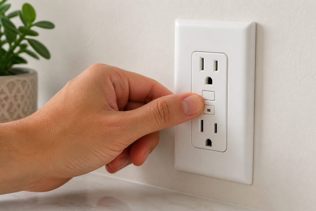 Pressing reset button on GFCI outlet to restore power and fix outlet not working