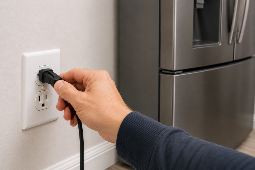 Hand unplugging an LG refrigerator from a wall outlet to perform a refrigerator reset for cooling issues
