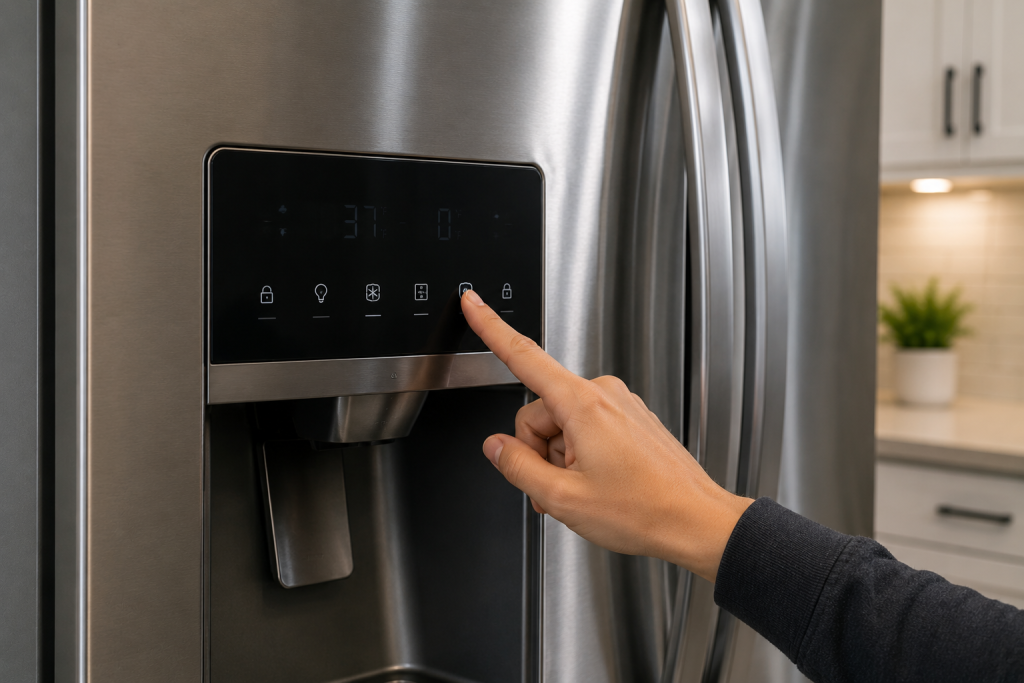 Hand pressing buttons on an LG-style refrigerator control panel to reset the refrigerator after a power outage in a modern kitchen for How to Reset an LG Refrigerator After a Power Outage