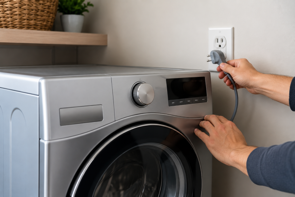Homeowner unplugging a stainless steel LG-style front load washing machine in a modern laundry room while performing a washer reset to clear an LG LE Error code