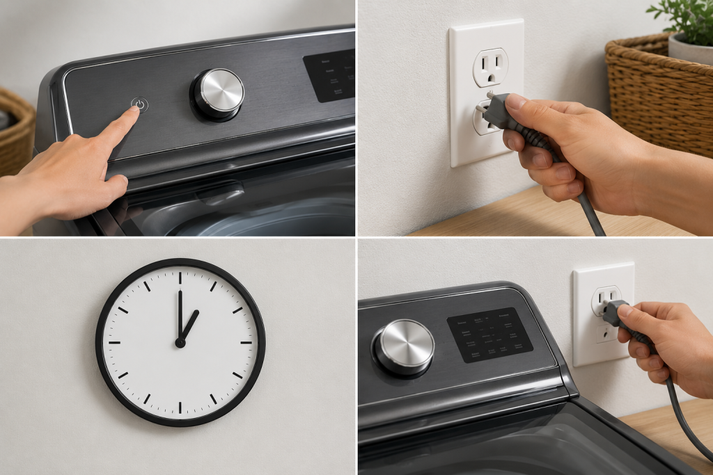 Person unplugging a top-loading Maytag washer in a laundry room to reset the appliance during troubleshooting for a sensing cycle issue