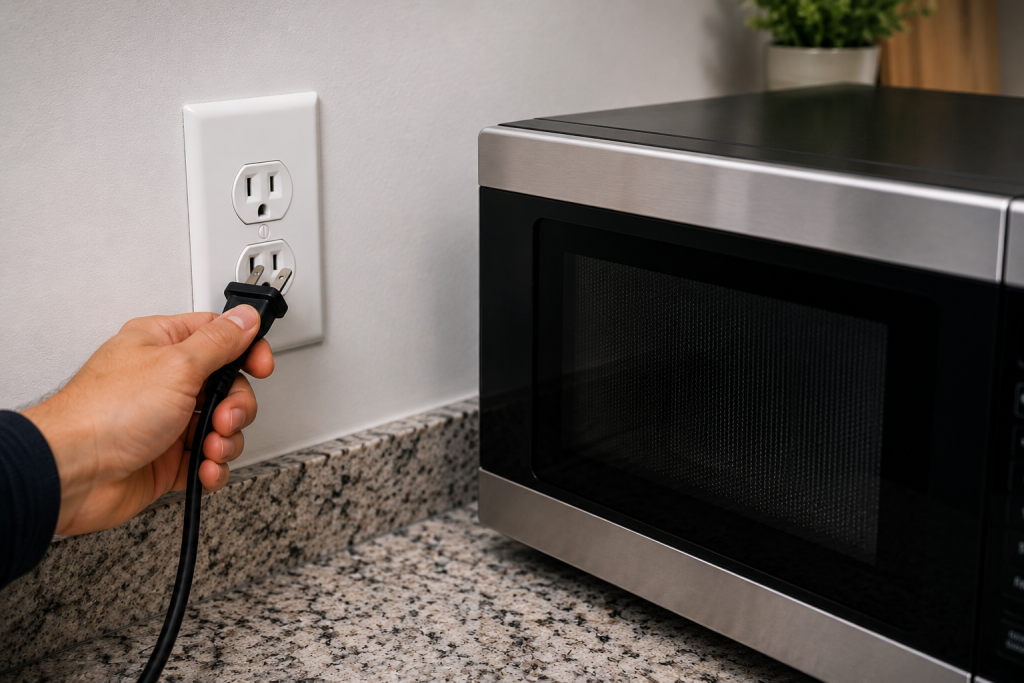 Person unplugging a kitchen microwave from a wall outlet to reset the appliance during troubleshooting