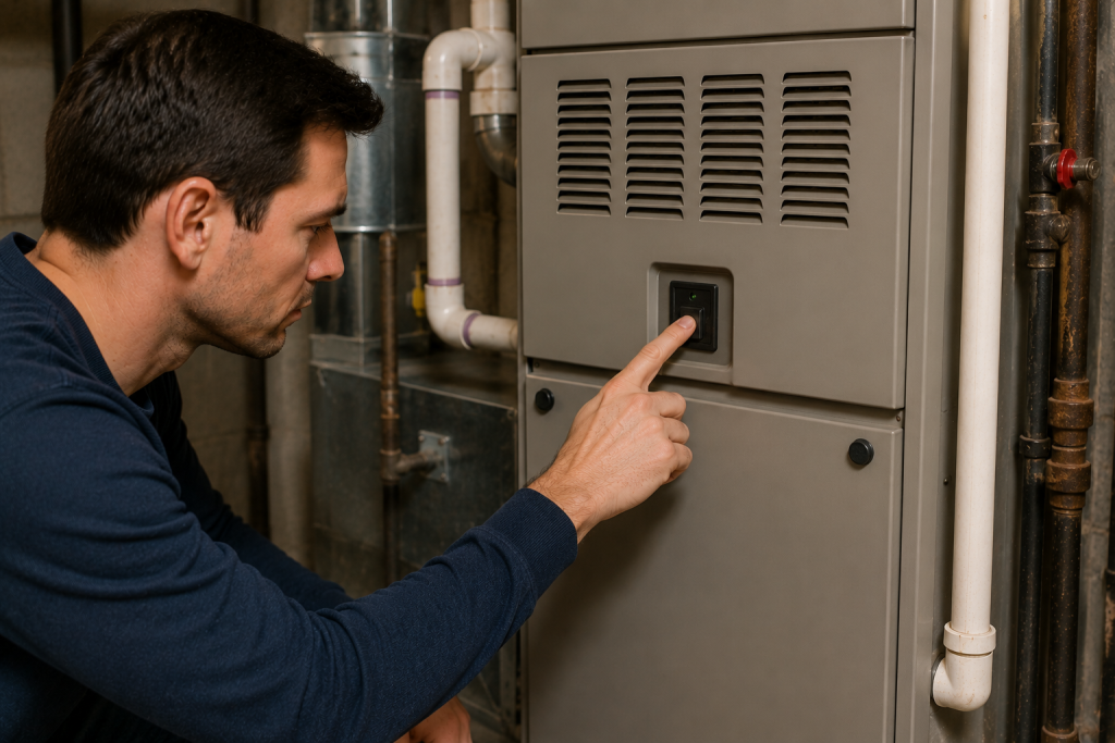 Resetting a residential furnace HVAC system during troubleshooting for loud furnace noises and heating problems