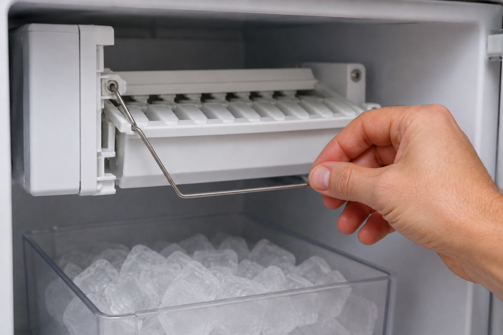 Homeowner resetting refrigerator ice maker mechanism inside freezer compartment to restore normal ice production and operation