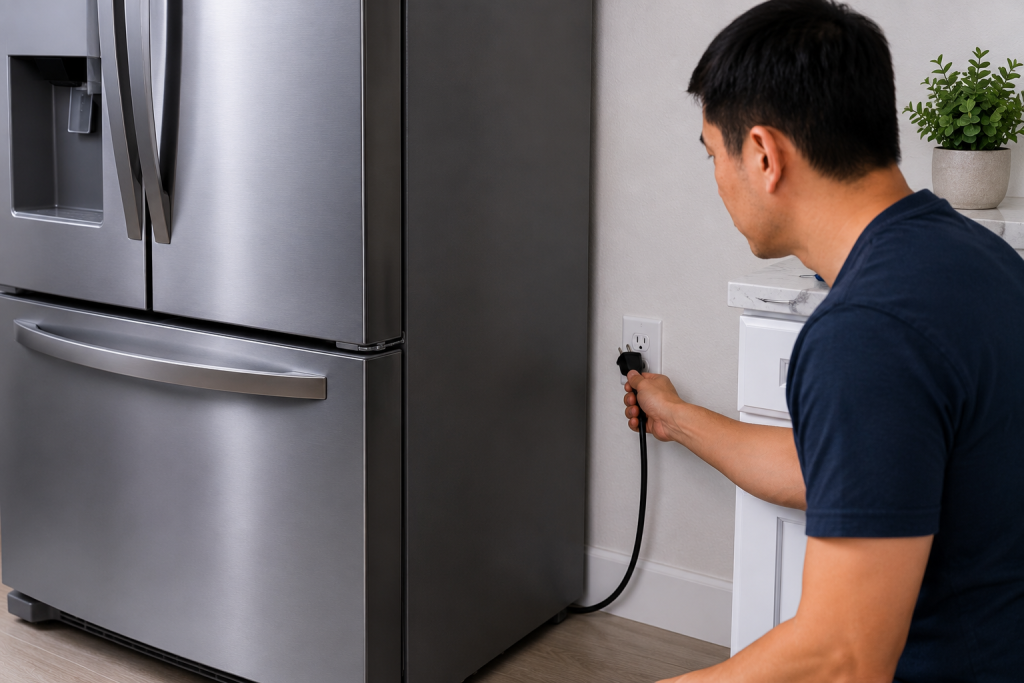 Homeowner unplugging an LG refrigerator from a wall outlet in a modern kitchen to reset the appliance and troubleshoot an IF ice fan error code caused by airflow or frost buildup issues for LG IF Error