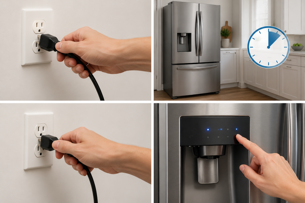 Unplugging and resetting a stainless steel refrigerator to troubleshoot a Samsung refrigerator 22E error code