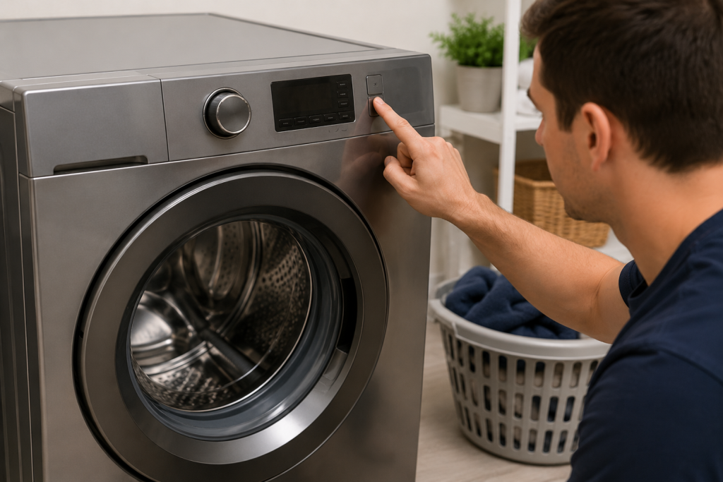 Homeowner unplugging a front-load washing machine from a wall outlet to perform a reset and clear a Samsung washer UR error code