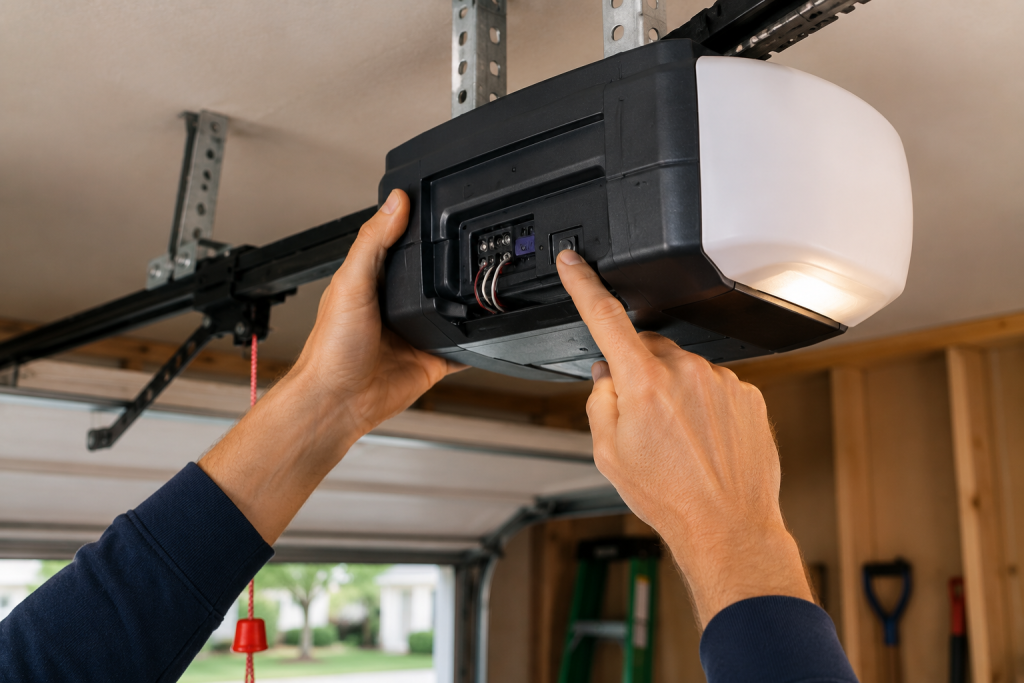 Homeowner unplugging and resetting a ceiling-mounted garage door opener inside a residential garage to restore normal operation