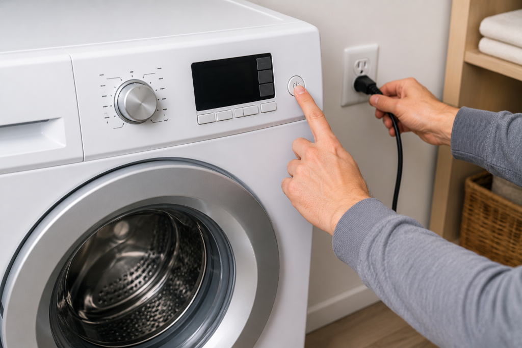 Person resetting a front-loading washing machine by unplugging and restarting the appliance during washer troubleshooting