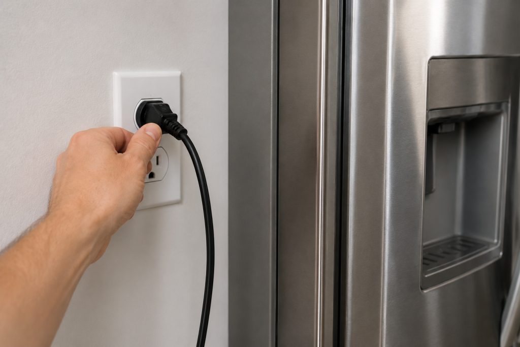 Hand unplugging a Whirlpool refrigerator from a wall outlet to perform a refrigerator system reset after a water filter change