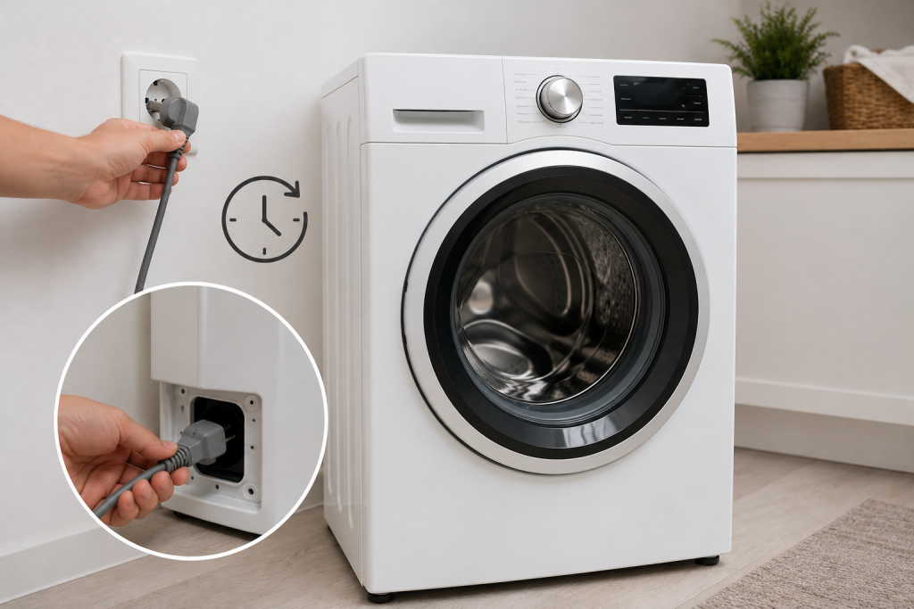 Unplugging and resetting a front-load Whirlpool washing machine to troubleshoot an F9E1 long drain error code