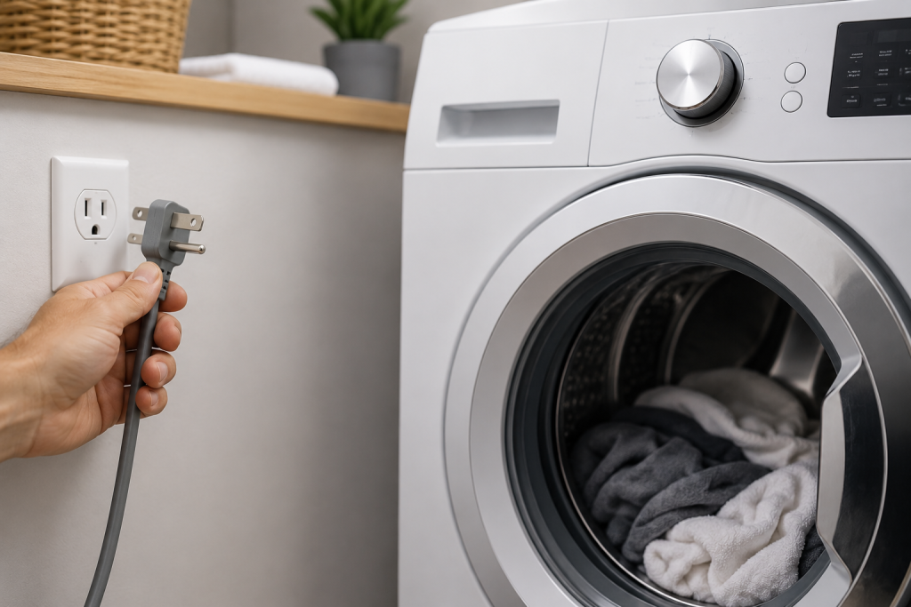 Hand unplugging a front-loading washing machine from a wall outlet in a laundry room to reset a Whirlpool F9 E1 Error Washer
