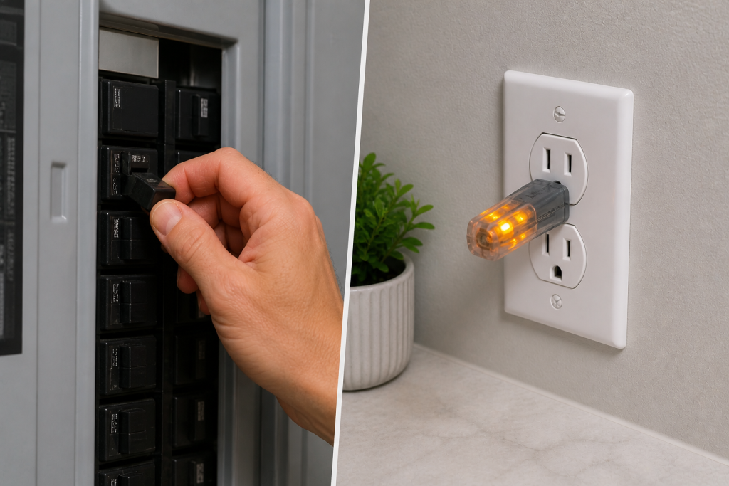 Restoring power at breaker and testing electrical outlet to confirm it is working properly