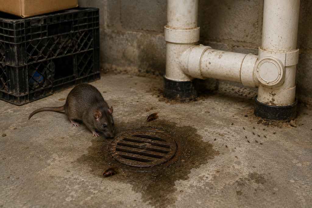 Rat and insects gathering near a damp basement floor drain caused by sewer line blockage or drainage problems