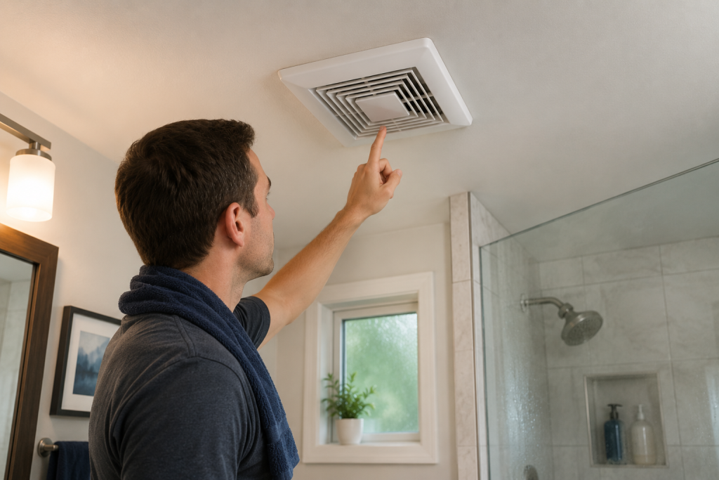 Homeowner turning on a bathroom exhaust fan after a shower and allowing it to continue running to remove excess humidity and prevent moisture buildup.