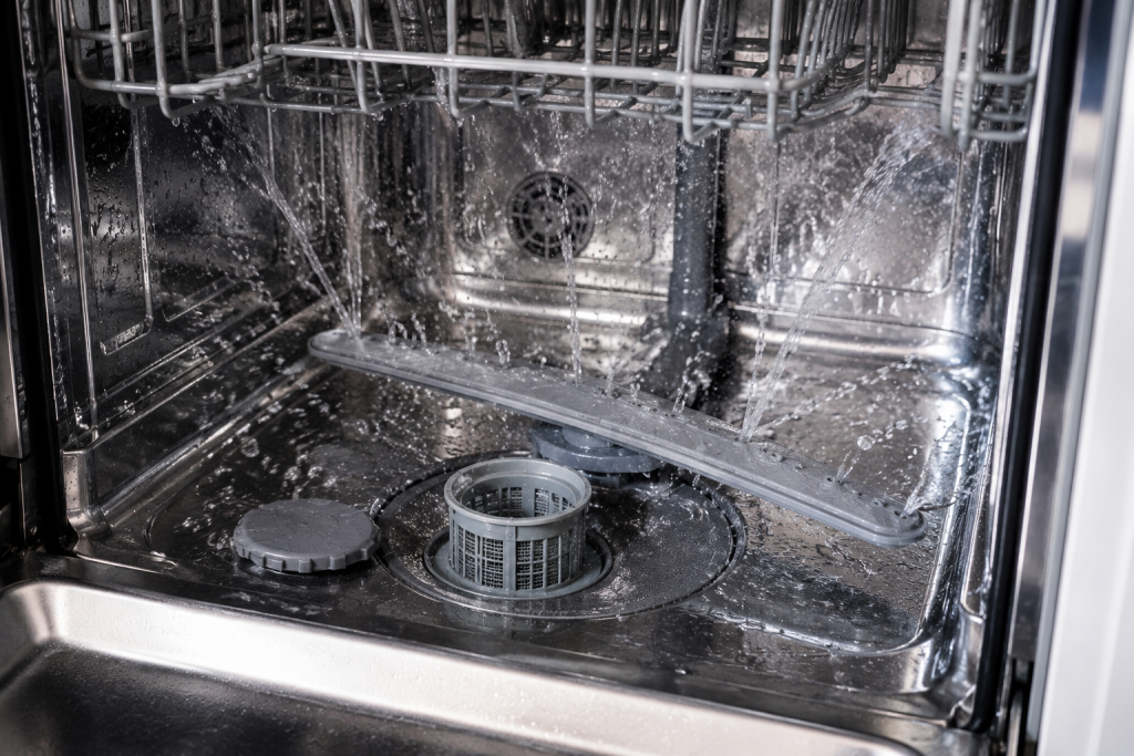 Pouring vinegar into a dishwasher before running a hot cleaning cycle to remove buildup and improve drainage performance
