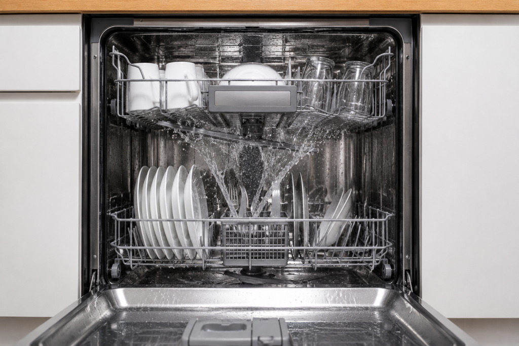 Open dishwasher running a hot cleaning cycle with water spraying over dishes to remove mineral buildup and prevent white residue on glassware and plates