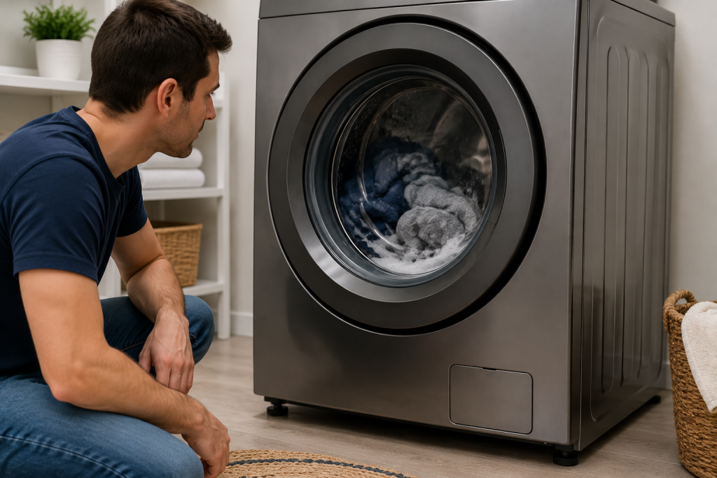 Front-load washing machine running a small test spin cycle with a balanced laundry load in a clean residential laundry room