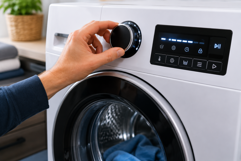 Hand operating the control panel on a Whirlpool front-load washer while running a diagnostic cycle for F5E2 error troubleshooting