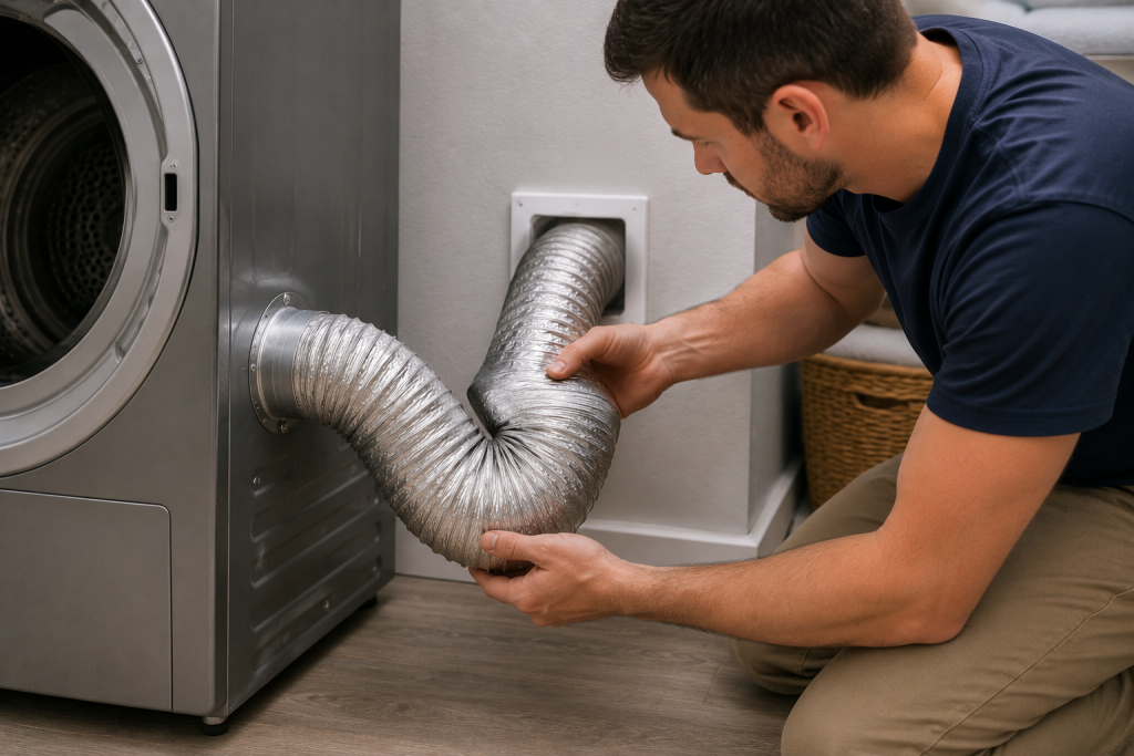 Homeowner inspecting a flexible dryer vent hose behind a front-loading dryer, checking for kinks, sharp bends, or crushed sections that could restrict airflow and cause a Samsung dryer HE error.