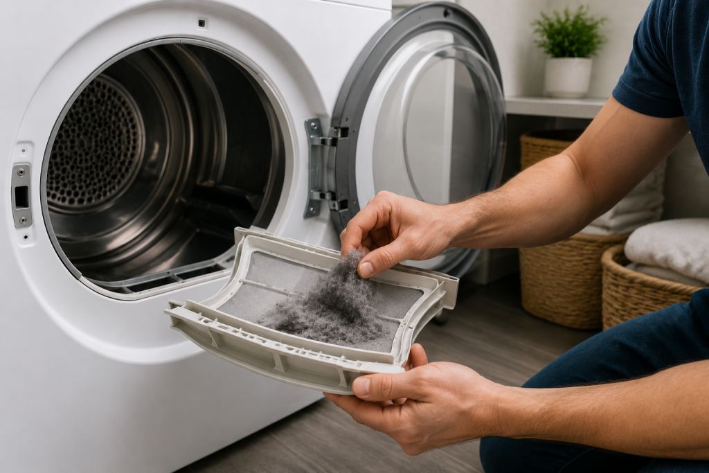Homeowner removing and cleaning lint from a dryer lint screen above an open front-loading dryer to improve airflow and resolve a Samsung dryer HE heating error.