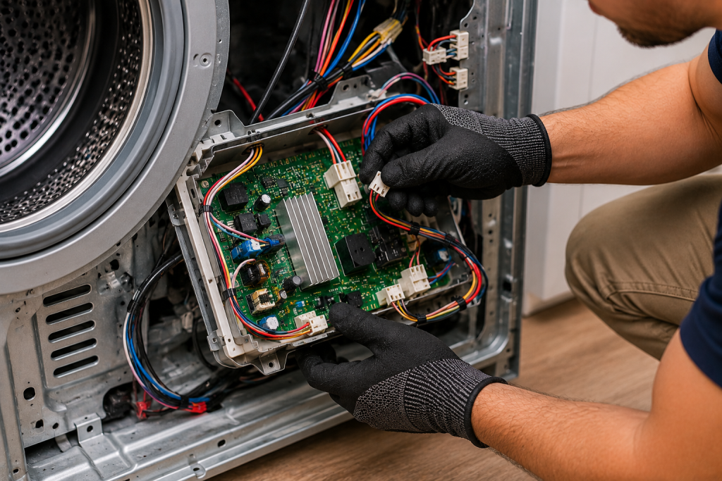 Technician examining the electronic control board and wire connections inside an open dryer cabinet, checking for loose connectors, damaged wiring, or burned components that could cause a Samsung dryer HE heating error.
