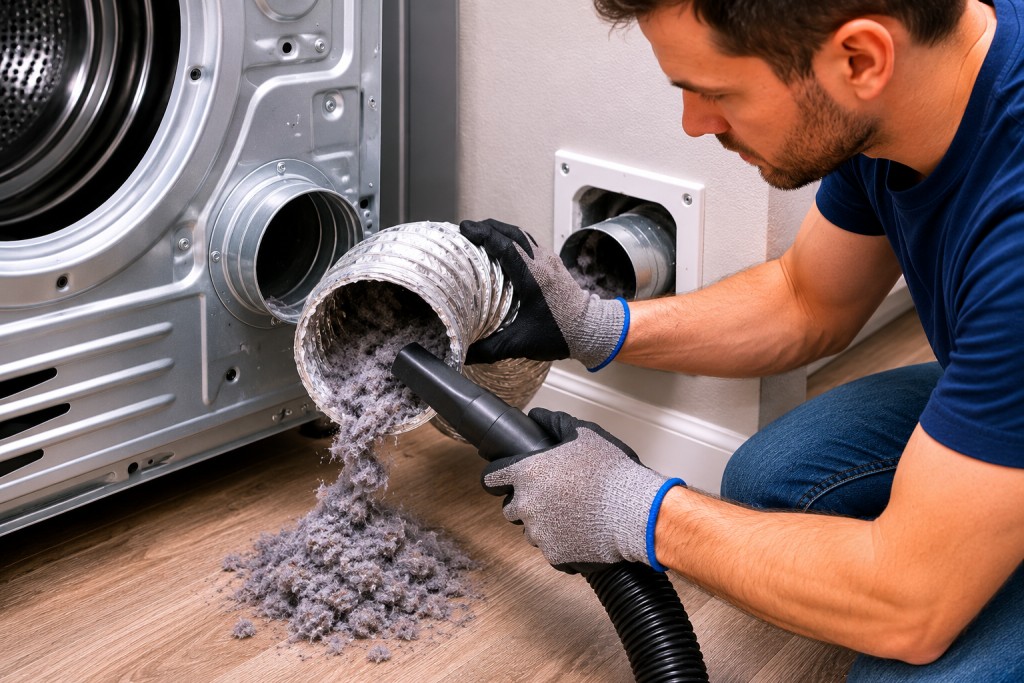 Homeowner inspecting and cleaning lint from a dryer vent hose behind a front-loading dryer to improve airflow and resolve a Samsung dryer HE heating error.