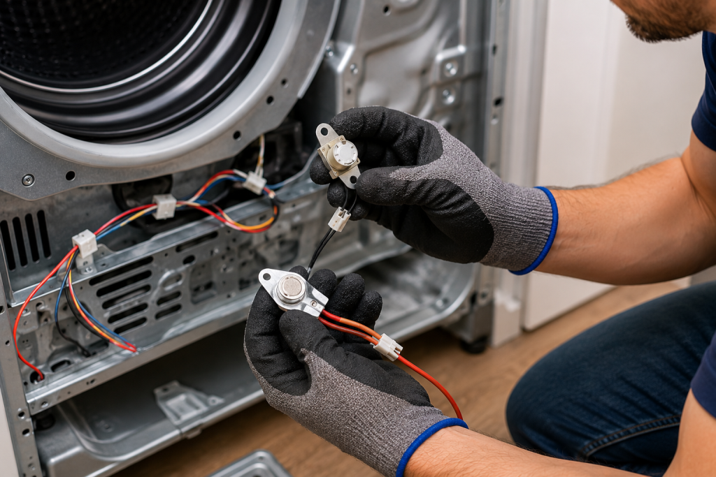 Technician inspecting and testing a dryer thermistor and thermal fuse with a digital multimeter inside an open dryer cabinet while diagnosing a Samsung dryer HE heating error.
