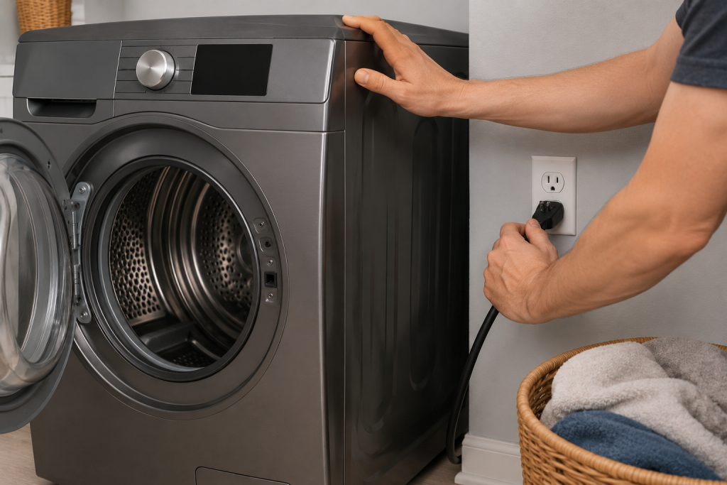 Homeowner unplugging a front-loading dryer from a wall outlet with the dryer door open, performing a power reset to troubleshoot a Samsung dryer HE error.