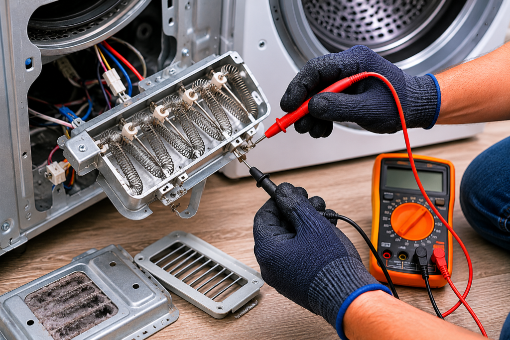 Technician using a digital multimeter to test a dryer heating element for electrical continuity inside an open dryer cabinet while diagnosing a Samsung dryer HE error.