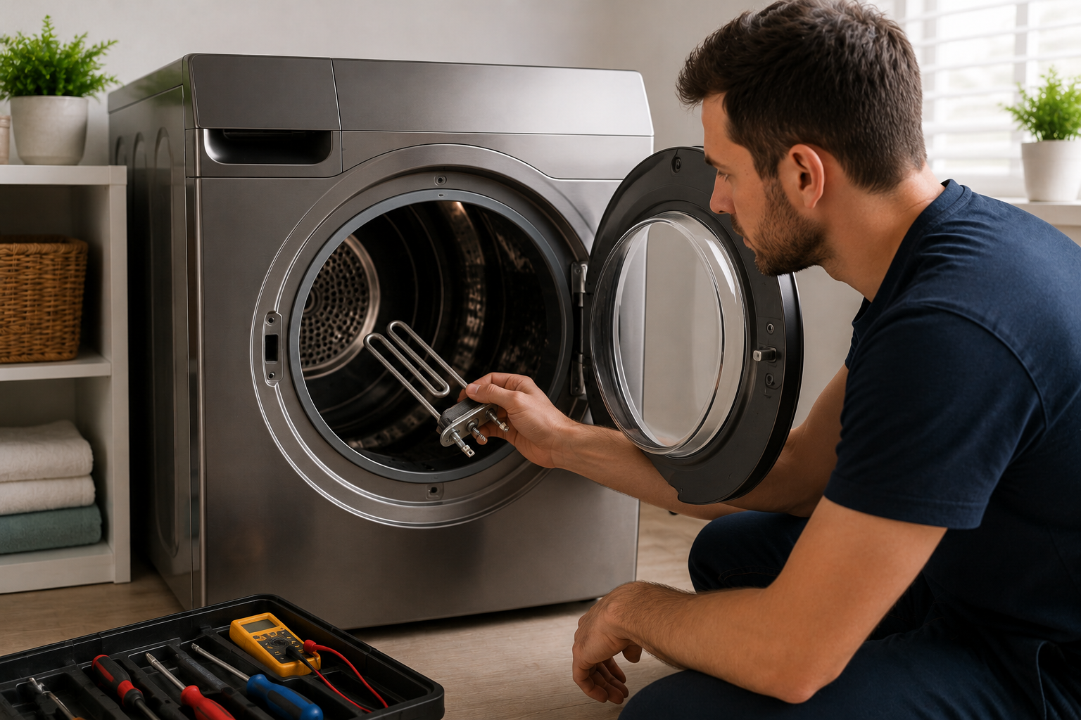 Homeowner inspecting the heating element inside a front-loading dryer in a laundry room, troubleshooting a Samsung dryer HE heating error caused by a faulty heating component or airflow issue.